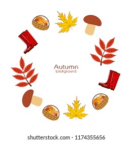 rubber boots fallen leaf basket mushroom autumnal vector background