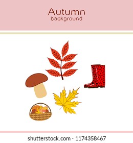 rubber boots fallen leaf basket mushroom autumnal vector background