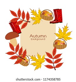 rubber boots fallen leaf basket mushroom autumnal vector background