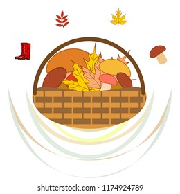 rubber boots fallen leaf basket mushroom autumnal vector background