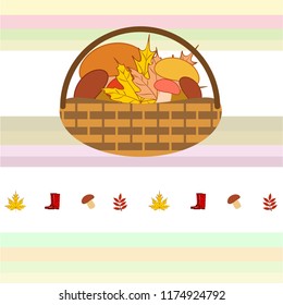 rubber boots fallen leaf basket mushroom autumnal vector background