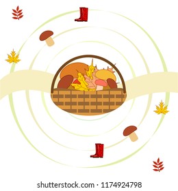 rubber boots fallen leaf basket mushroom autumnal vector background