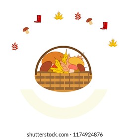 rubber boots fallen leaf basket mushroom autumnal vector background