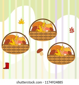 rubber boots fallen leaf basket mushroom autumnal vector background