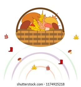 rubber boots fallen leaf basket mushroom autumnal vector background
