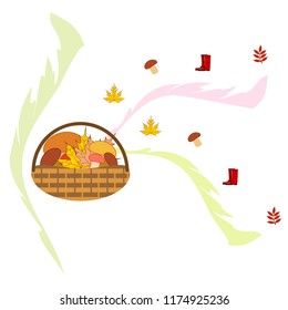 rubber boots fallen leaf basket mushroom autumnal vector background