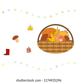 rubber boots fallen leaf basket mushroom autumnal vector background
