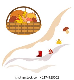 rubber boots fallen leaf basket mushroom autumnal vector background