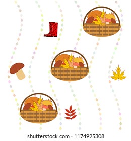 rubber boots fallen leaf basket mushroom autumnal vector background