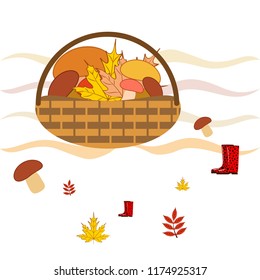 rubber boots fallen leaf basket mushroom autumnal vector background
