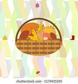 rubber boots fallen leaf basket mushroom autumnal vector background