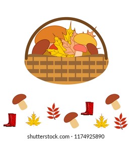 rubber boots fallen leaf basket mushroom autumnal vector background