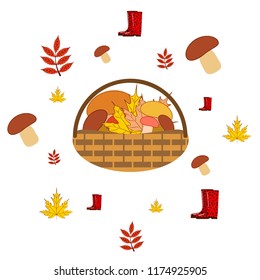 rubber boots fallen leaf basket mushroom autumnal vector background