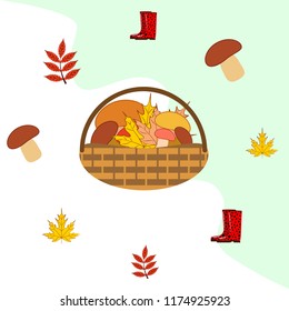 rubber boots fallen leaf basket mushroom autumnal vector background
