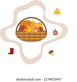 rubber boots fallen leaf basket mushroom autumnal vector background