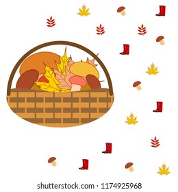 rubber boots fallen leaf basket mushroom autumnal vector background