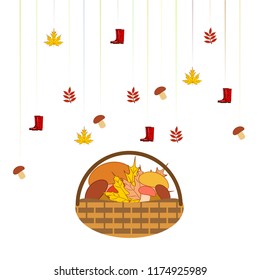 rubber boots fallen leaf basket mushroom autumnal vector background