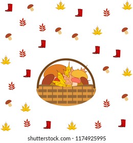 rubber boots fallen leaf basket mushroom autumnal vector background