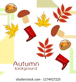 rubber boots fallen leaf basket mushroom autumnal vector background