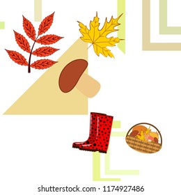 rubber boots fallen leaf basket mushroom autumnal vector background