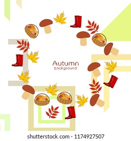 rubber boots fallen leaf basket mushroom autumnal vector background