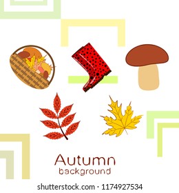 rubber boots fallen leaf basket mushroom autumnal vector background