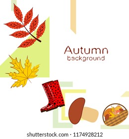 rubber boots fallen leaf basket mushroom autumnal vector background