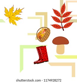 rubber boots fallen leaf basket mushroom autumnal vector background