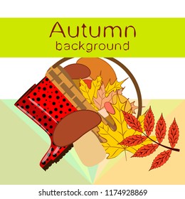 rubber boots fallen leaf basket mushroom autumnal vector background