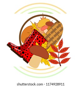 rubber boots fallen leaf basket mushroom autumnal vector background