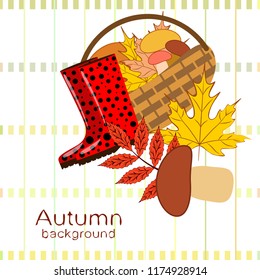 rubber boots fallen leaf basket mushroom autumnal vector background