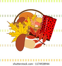 rubber boots fallen leaf basket mushroom autumnal vector background