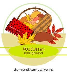rubber boots fallen leaf basket mushroom autumnal vector background