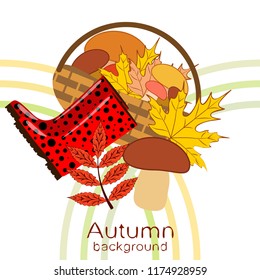 rubber boots fallen leaf basket mushroom autumnal vector background