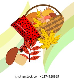 rubber boots fallen leaf basket mushroom autumnal vector background
