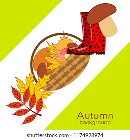 rubber boots fallen leaf basket mushroom autumnal vector background