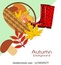 rubber boots fallen leaf basket mushroom autumnal vector background