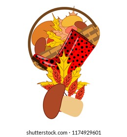 rubber boots fallen leaf basket mushroom autumnal vector background