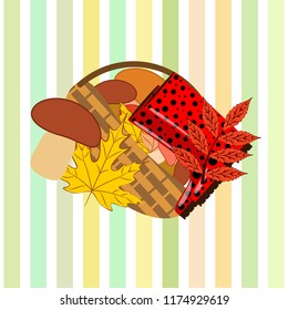rubber boots fallen leaf basket mushroom autumnal vector background