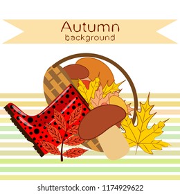 rubber boots fallen leaf basket mushroom autumnal vector background