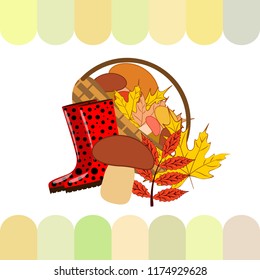rubber boots fallen leaf basket mushroom autumnal vector background