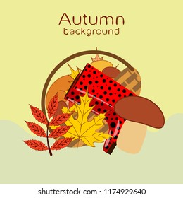 rubber boots fallen leaf basket mushroom autumnal vector background