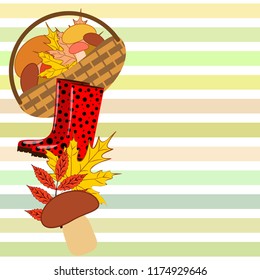 rubber boots fallen leaf basket mushroom autumnal vector background