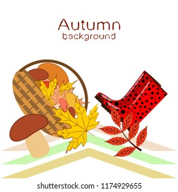 rubber boots fallen leaf basket mushroom autumnal vector background