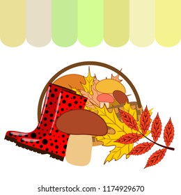 rubber boots fallen leaf basket mushroom autumnal vector background