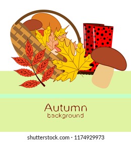 rubber boots fallen leaf basket mushroom autumnal vector background