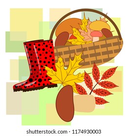 rubber boots fallen leaf basket mushroom autumnal vector background