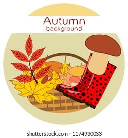 rubber boots fallen leaf basket mushroom autumnal vector background