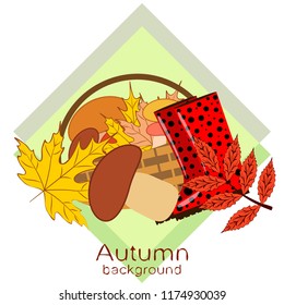 rubber boots fallen leaf basket mushroom autumnal vector background
