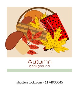 rubber boots fallen leaf basket mushroom autumnal vector background